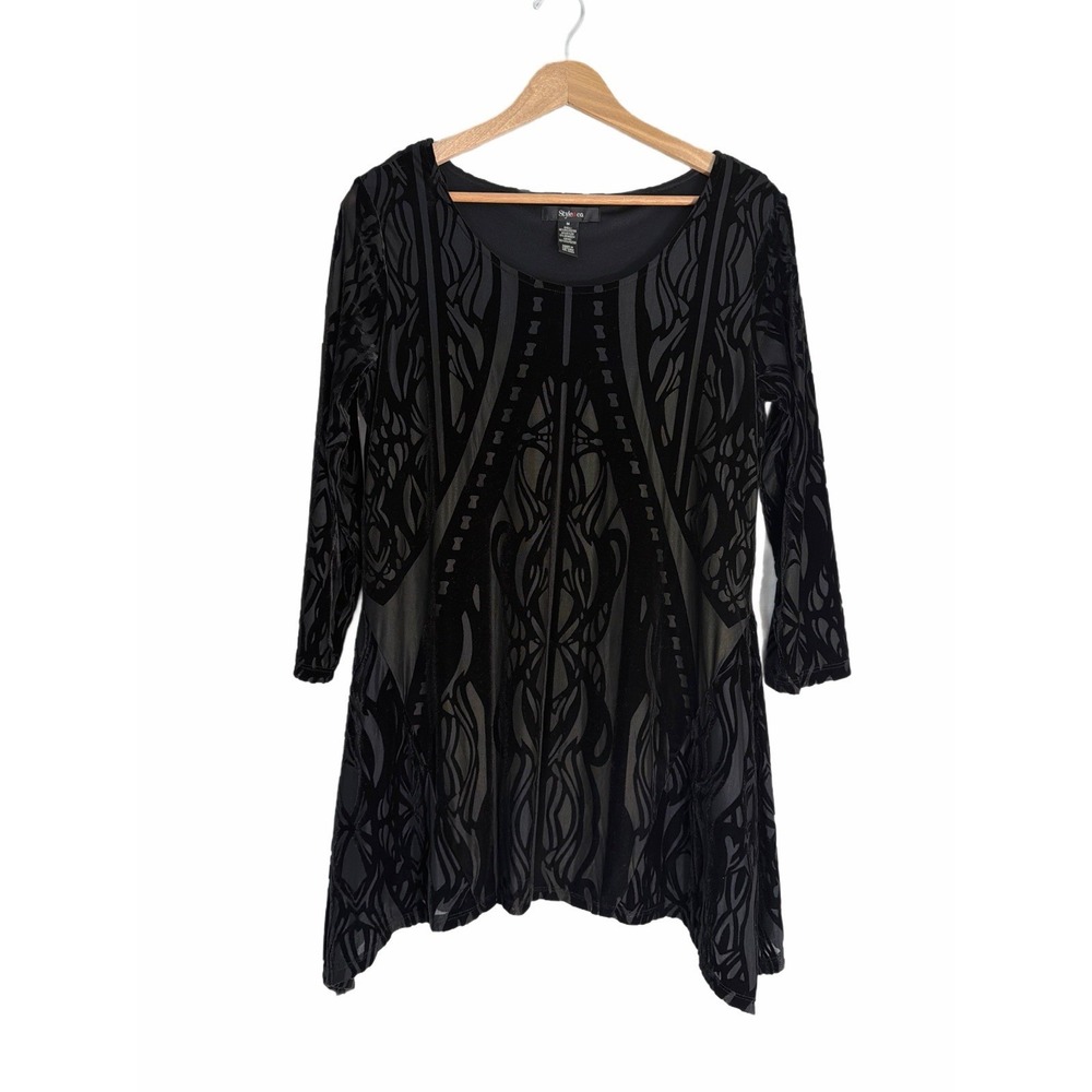 Style & Co Black Burnout Velvet Tunic Top 3/4 Sleeves Whimsigoth Fairy‎ Grunge